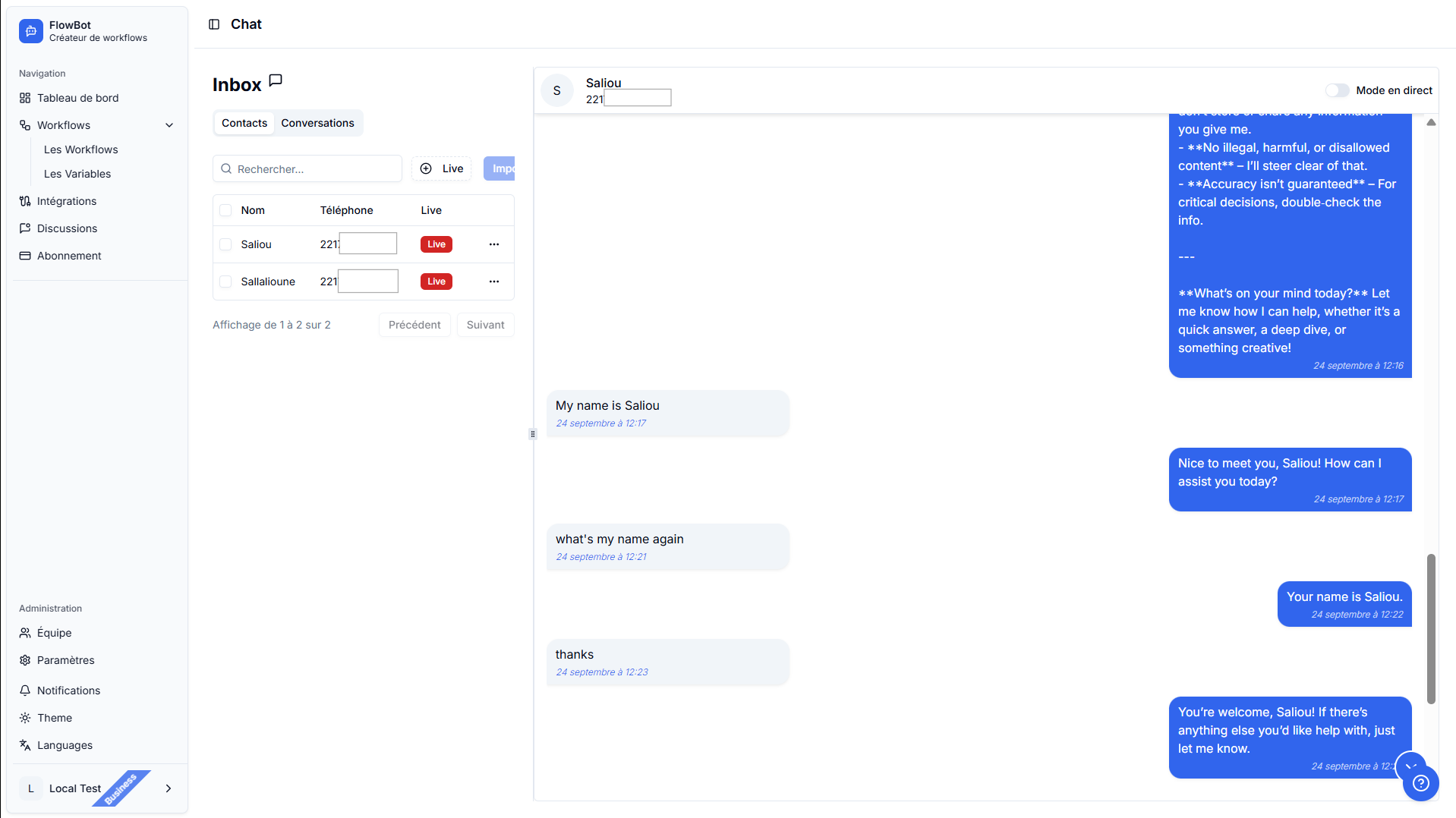 Screenshot showing a list of contacts and an open chat window with previous messages.