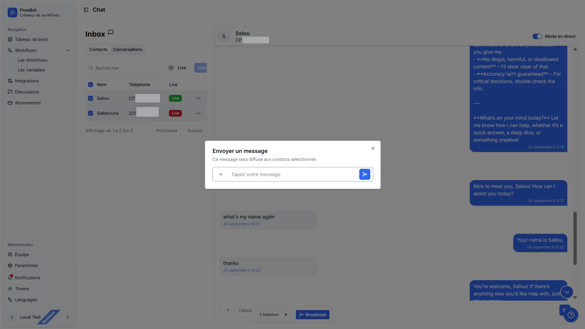 Screenshot demonstrating the broadcast message feature and conversation assignment options.