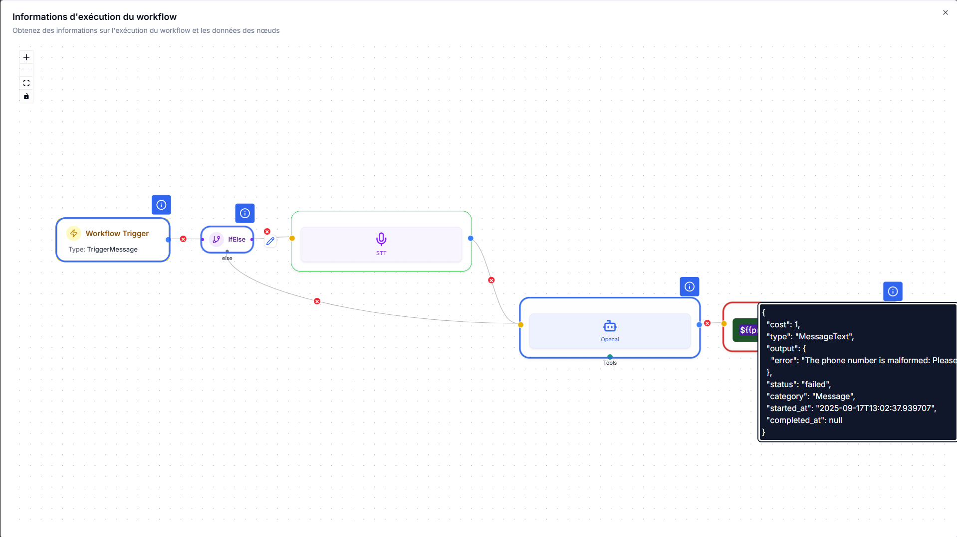 Screenshot showing a failed node within a workflow, with its output and error message displayed.