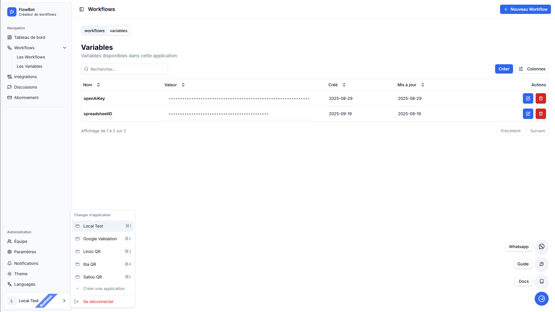 Screenshot showing the user guide access point and application/profile management in the sidebar.